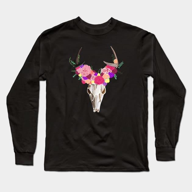 Floral Deer Skull Long Sleeve T-Shirt by Elizabeth Karlson Art